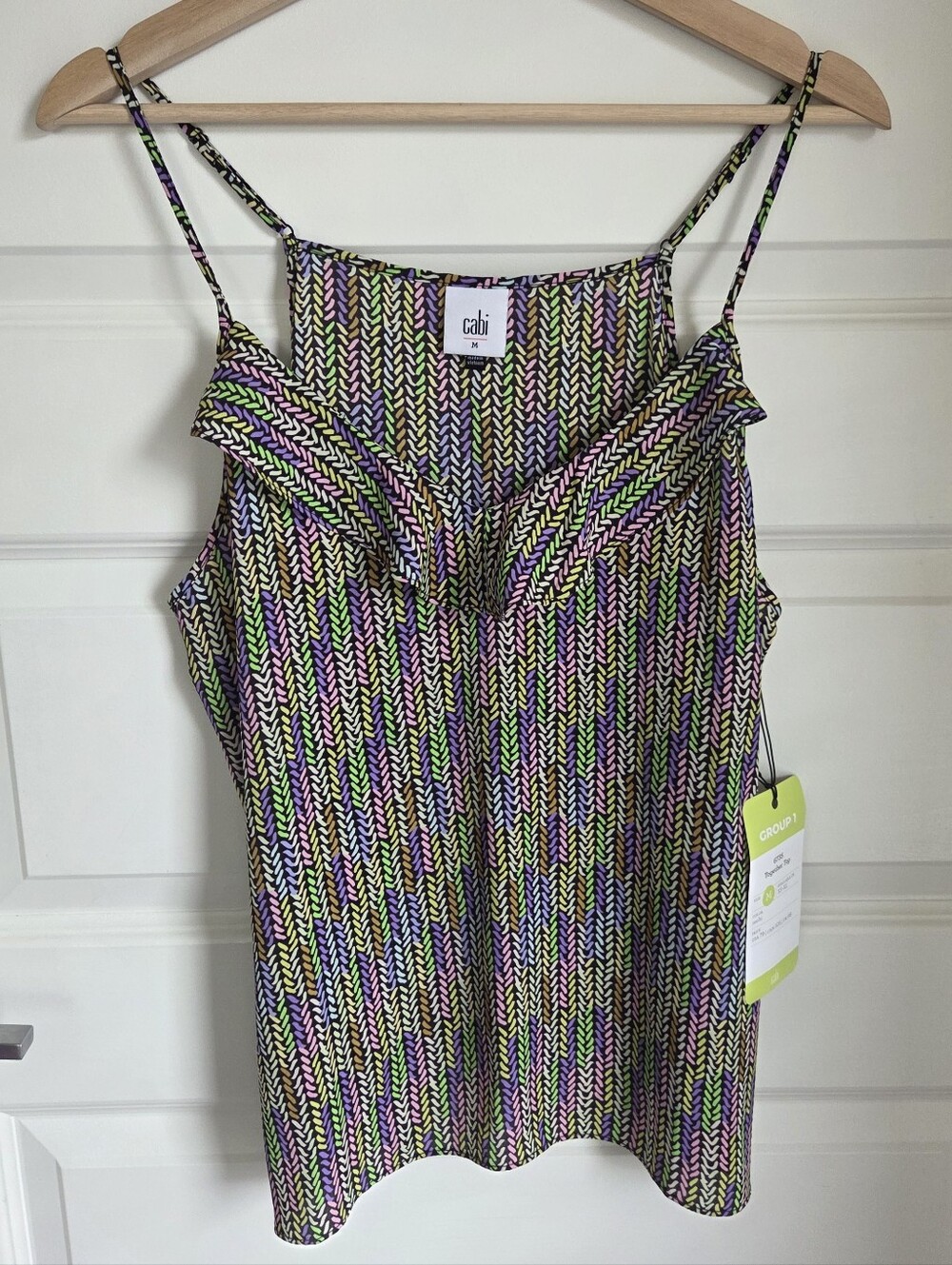 NWT Cabi Pink Purple Green Geometric Ruffled Together Top Blouse Size Medium